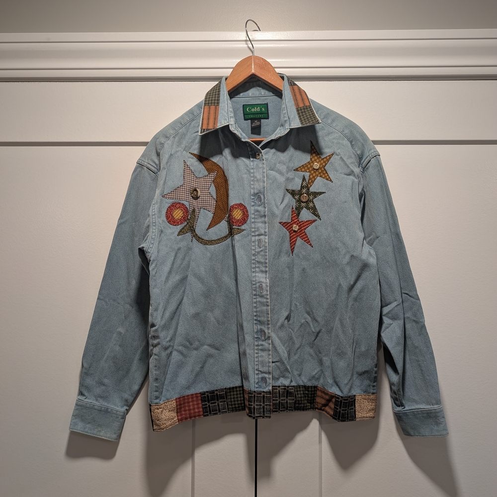 VINTAGE Country Plaid Stars Embroidered Denim Shirt Jacket Size Medium - Picture 12 of 12